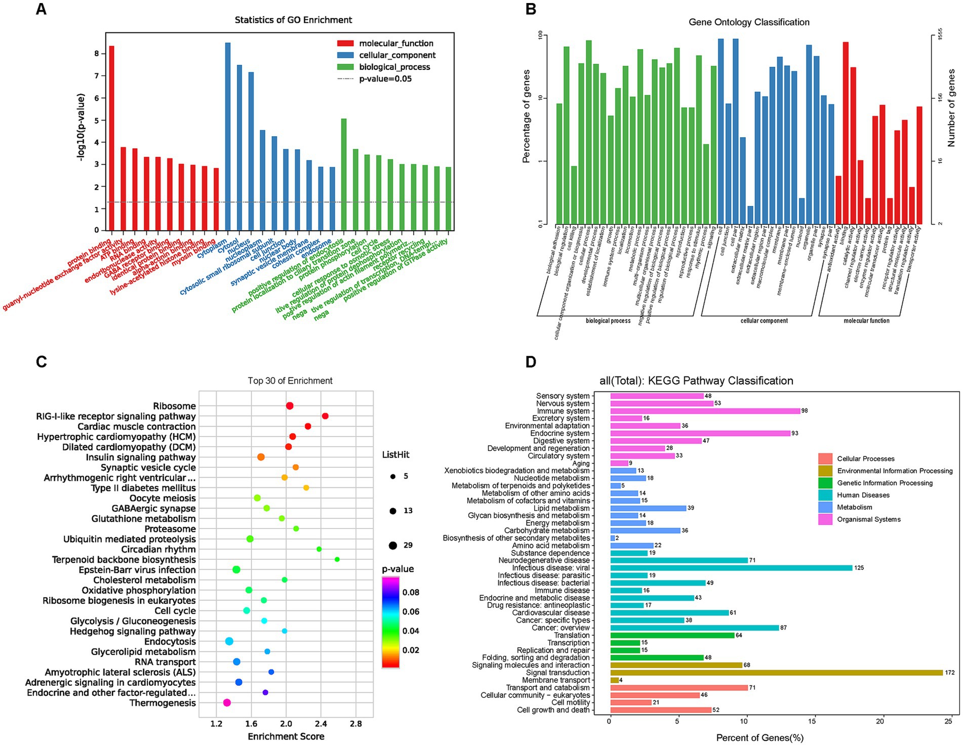 Four panels depicting biological data:A. Bar chart showing GO enrichment statistics, with categories for molecular function, cellular component, and biological process.B. Bar chart illustrating gene ontology classification with percentages of genes across various categories.C. Dot plot of the top 30 enrichment scores, indicating pathway significance with color-coded p-values.D. KEGG pathway classification bar chart, highlighting different cellular processes and systems with corresponding color codes.