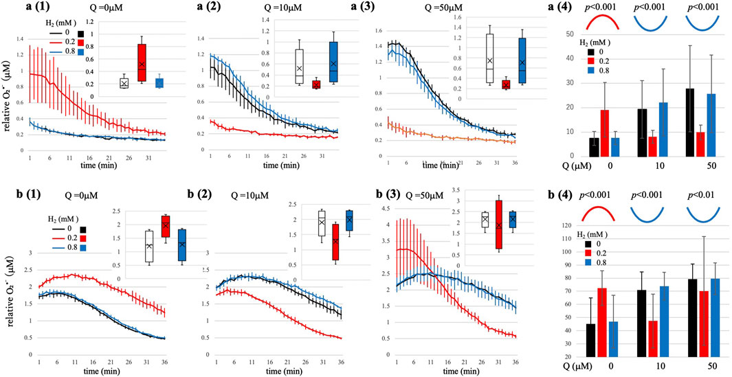 Graphs comparing relative superoxide (O2•-) concentrations over time with varying quinone (Q) and hydrogen concentrations. Panels a(1), a(2), a(3) show decreasing trends at Q concentrations of 0, 10, and 50 micromolar, respectively, with box plots inset. Panel a(4) shows bar graphs with p-values. Panels b(1), b(2), b(3) depict data with a more varied pattern at similar Q concentrations, also with box plots inset. Panel b(4) presents related bar graphs and p-values. Error bars indicate variance, with hydrogen concentration shown in different colors.