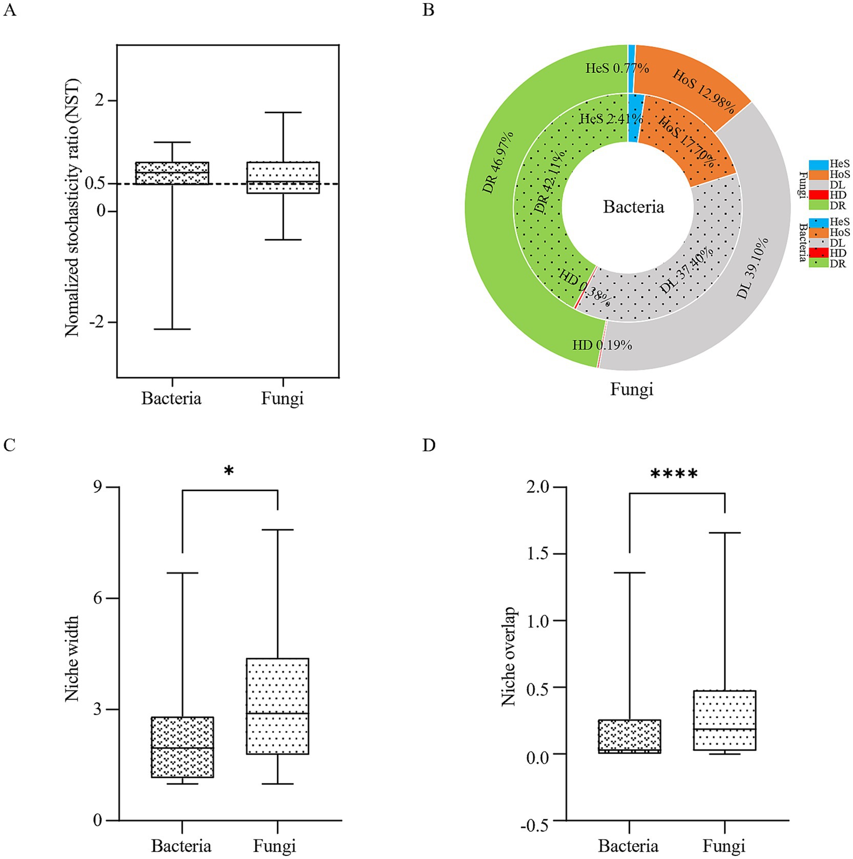 Panel A displays a box plot comparing normalized stochasticity ratios (NST) for bacteria and fungi, centered around zero. Panel B presents a circular diagram highlighting the percentage contributions of different groups to bacteria and fungi niches, with color-coded segments. Panel C features a box plot showing niche width, indicating fungi have a wider niche compared to bacteria, marked by an asterisk for significance. Panel D depicts a box plot of niche overlap, with fungi showing greater overlap and marked with four asterisks indicating significant difference.
