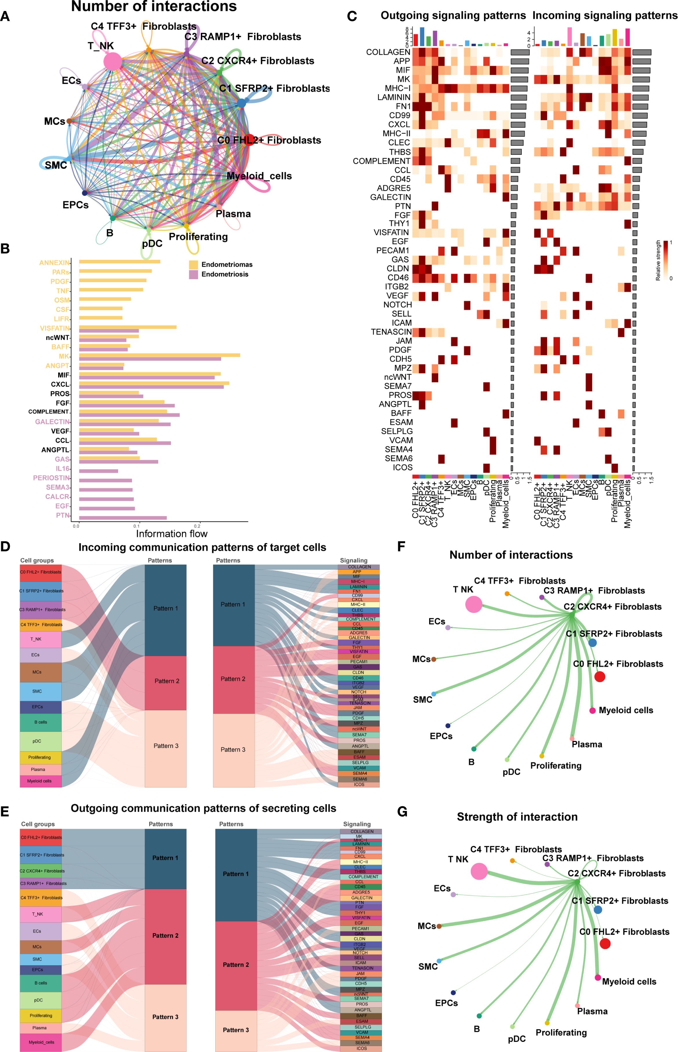The image is a composite of multiple panels (A-G) displaying various data visualizations related to cell interactions in endometriomas and endometriosis. Panel A shows a network diagram depicting the number of interactions among different cell types. Panel B is a bar graph illustrating information flow related to endometriomas and endometriosis. Panel C contains heatmaps of outgoing and incoming signaling patterns. Panels D and E feature Sankey diagrams representing communication patterns of target and secreting cells. Panels F and G present network diagrams indicating the number and strength of interactions among cell groups, with color coding for different cell types.