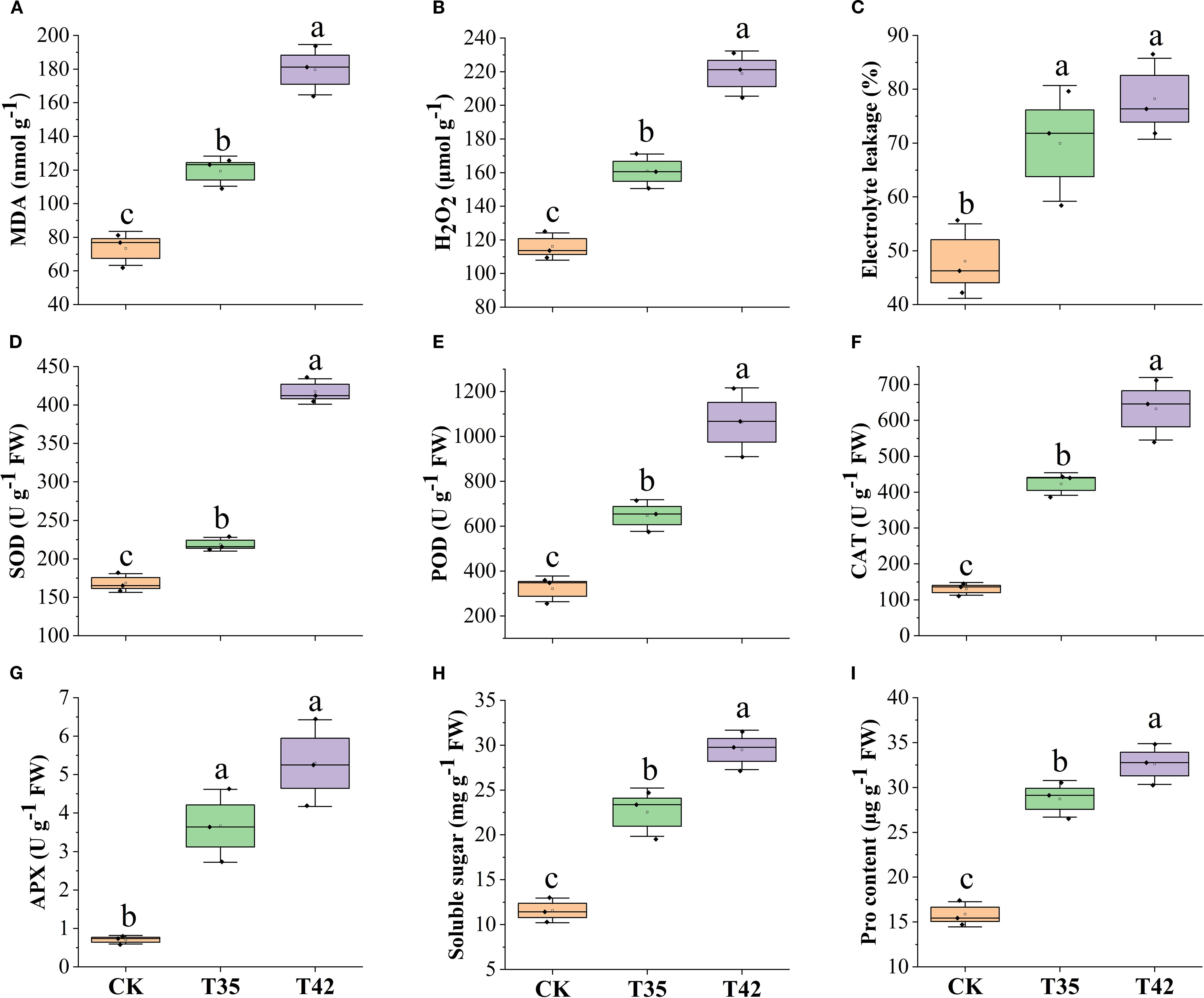 Box plots comparing three conditions (CK, T35, T42) across nine metrics: MDA, H2O2, Electrolyte leakage, SOD, POD, CAT, APX, Soluble sugar, and Pro content. Each plot shows significant differences indicated by letters a, b, and c. T42 generally shows the highest values across most metrics.