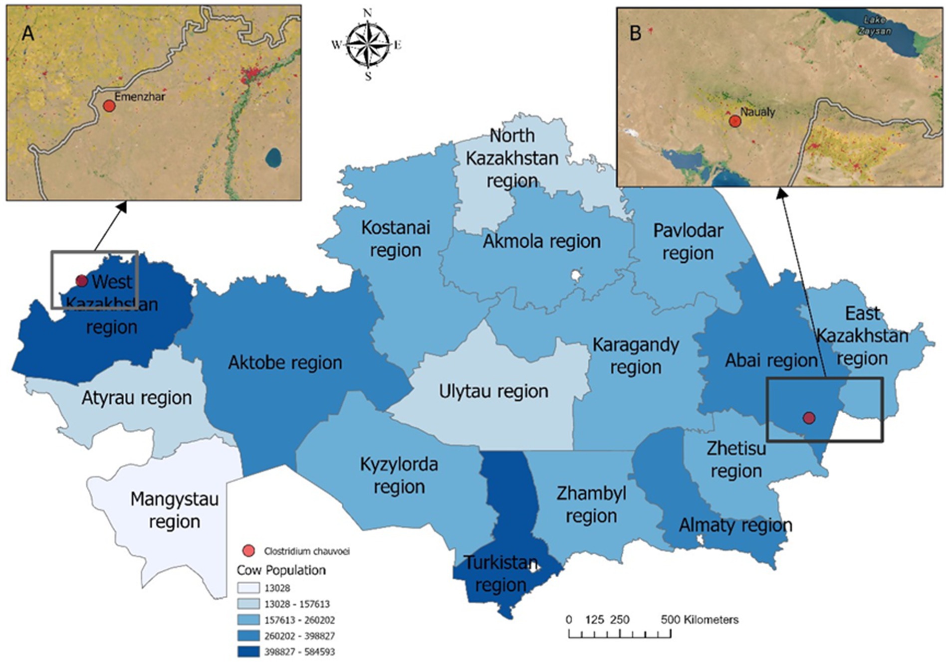 Map of Kazakhstan showing regional cow populations with varying shades of blue. Inset A highlights Emenzhar in the West Kazakhstan region and Inset B highlights Naualy near Lake Zaysan in the East Kazakhstan region. Red dots represent Clostridium chauvoei presence. A legend indicates cow population ranges. Scale and compass are included.