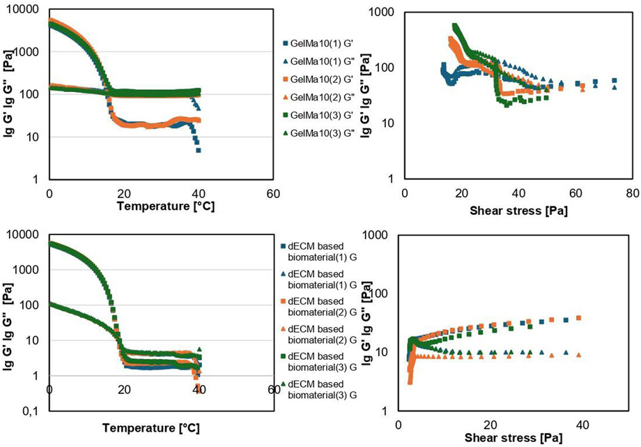 Four graphs, each displaying relationships of storage modulus (\(G'\)) and loss modulus (\(G''\)) in pascals. Top left: modulus versus temperature for GelMa samples up to 60°C. Top right: modulus versus shear stress for GelMa samples up to 80 Pa. Bottom left: modulus versus temperature for dECM biomaterials up to 60°C. Bottom right: modulus versus shear stress for dECM biomaterials up to 40 Pa. Each legend shows different sample types.