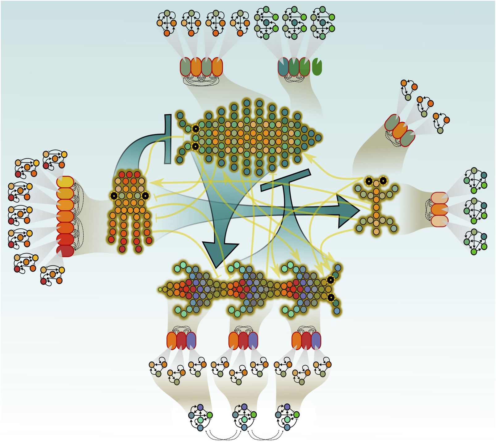 Abstract illustration depicting a complex network of interconnected nodes and pathways. Various shapes and colors indicate different elements and their interactions, creating a web-like structure against a light blue background. Either do arrows represent connectivity or flows of causality/interactions.