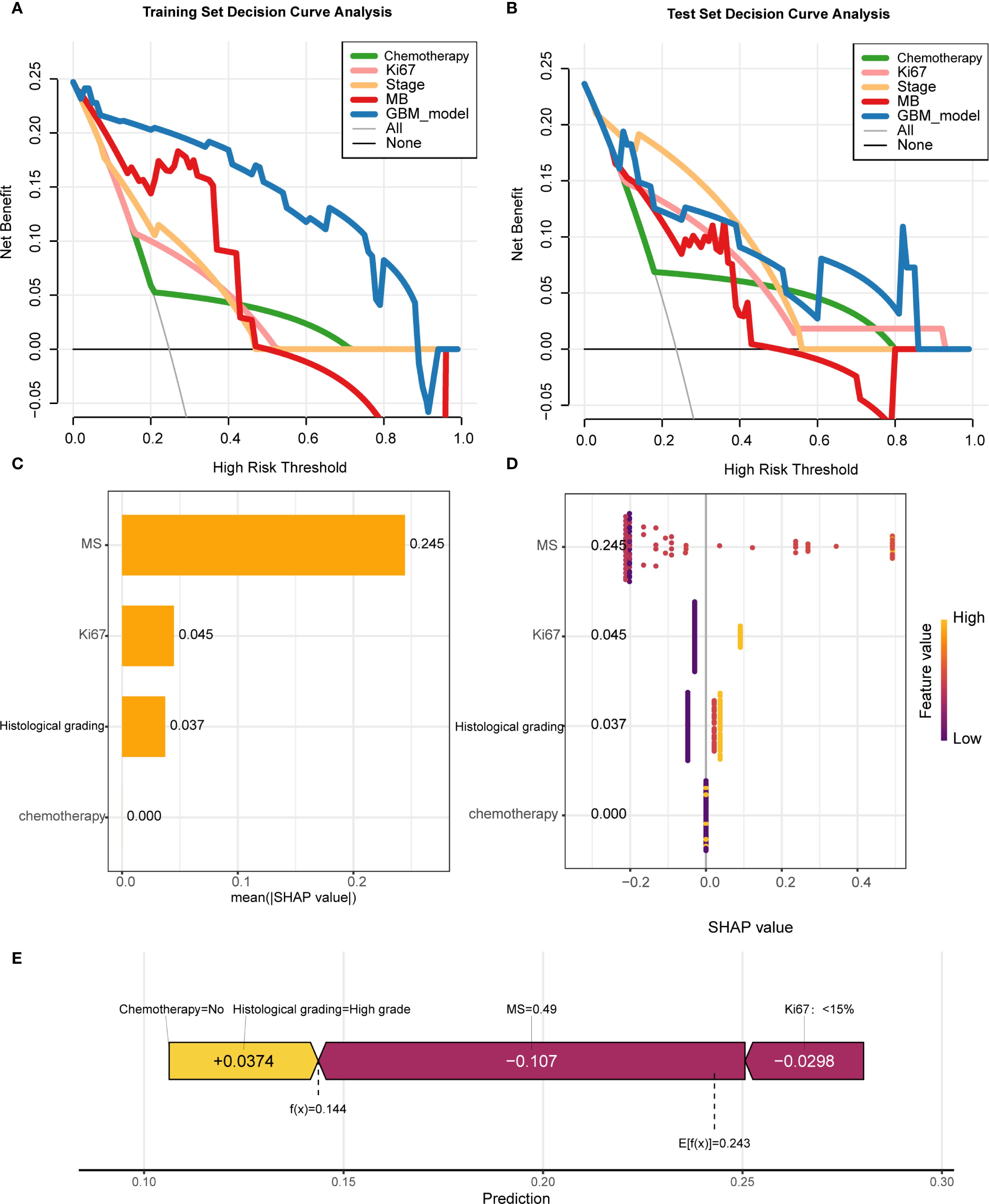 Five-panel image showing decision curve analyses and SHAP value plots. Panels A and B illustrate net benefit versus high risk threshold for various models on training and test data, respectively, with curves for chemotherapy, Ki67, stage, MB, GBM model, all, and none. Panel C presents a bar chart of mean SHAP values for different factors. Panel D displays a scatter plot of SHAP values versus feature values, highlighting the high-risk threshold. Panel E shows a SHAP value plot for model prediction, detailing contributions from chemotherapy, histological grading, MS, and Ki67.