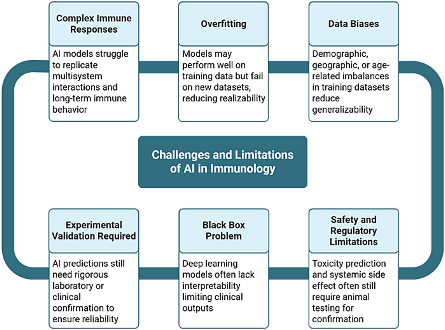 Flowchart illustrating challenges and limitations of AI in immunology, showing six categories: Complex Immune Responses, Overfitting, Data Biases, Experimental Validation Required, Black Box Problem, and Safety and Regulatory Limitations. Each category details specific issues affecting AI model reliability and applicability in immunology.