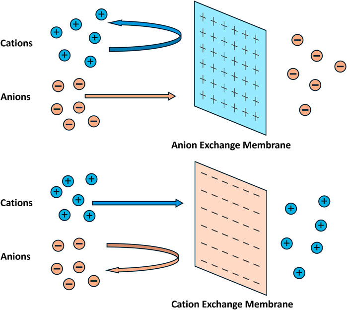 Diagram illustrating ion exchange membranes. Top: Anion exchange membrane allows anions to pass through while cations are rejected. Bottom: Cation exchange membrane permits cations to pass, anions.