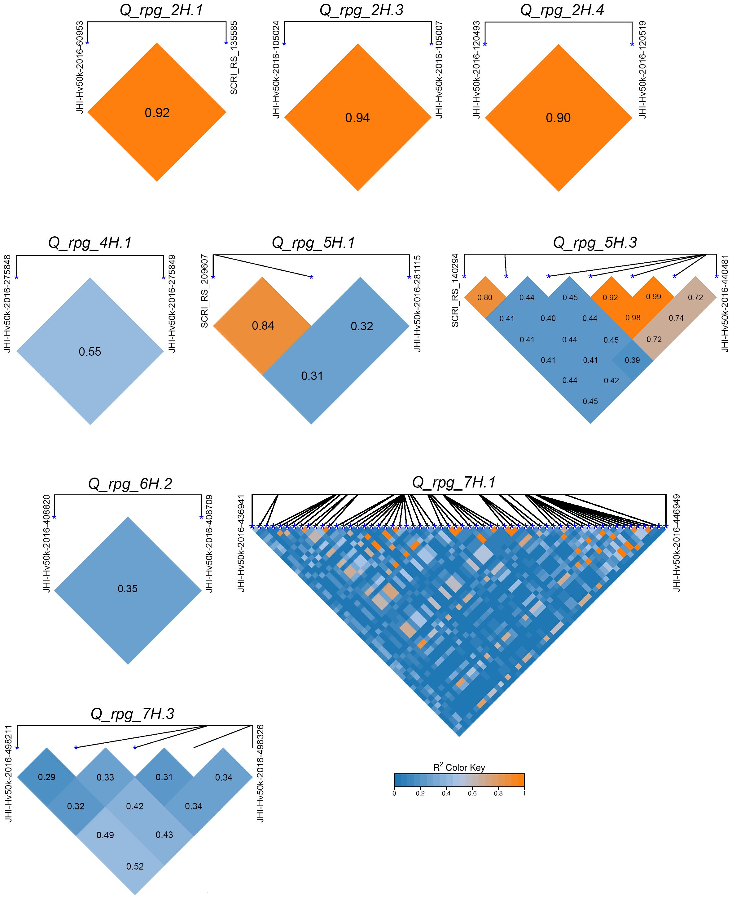A series of linkage disequilibrium plots with varying colors from blue to orange, each labeled with QTL names like “Q_rpg_2H.1” and “Q_rpg_5H.3”. Each plot displays numerical values representing R² statistics, with a color key at the bottom indicating the gradient from blue (lower values) to orange (higher values). The plots are arranged in a grid format, illustrating LD in QTLs.
