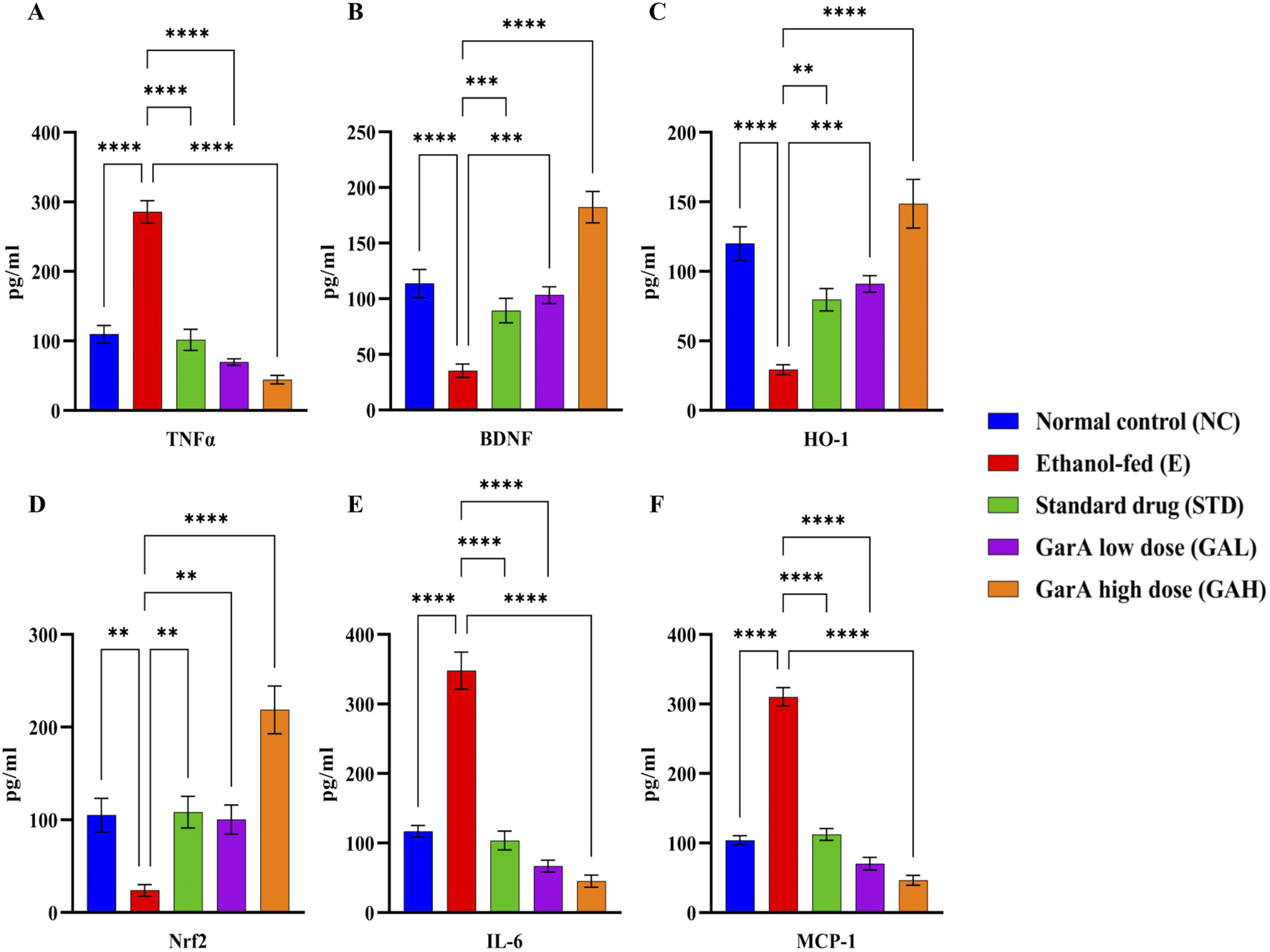 Bar charts labeled A to F show levels of six biomarkers estimated using ELISA: TNFα, BDNF, HO-1, Nrf2, IL-6, and MCP-1, in different groups: Normal control (blue), Ethanol-fed (red), Standard drug (green), GarA low dose (purple), and GarA high dose (orange). Significant differences are marked with asterisks indicating p-values, with varying levels of significance (from ** to ****).