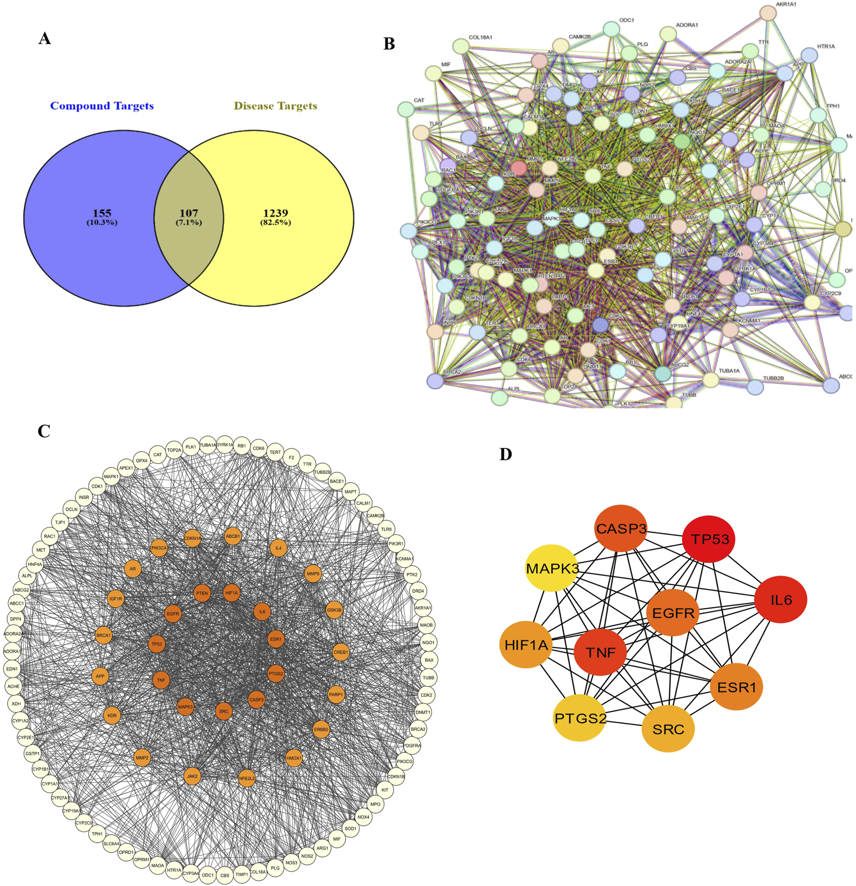 A collage of four diagrams depicts the relationships between compound and disease targets. A: A Venn diagram showing 155 compound targets, 1,239 disease targets, with 107 in overlap, indicating common targets. B: A complex network diagram illustrating protein-protein interactions. C: An expanded network with concentric circles showing interactions, highlighting central proteins in orange. D: A smaller network highlighting key proteins like TP53 and IL6 in red, indicating high significance.