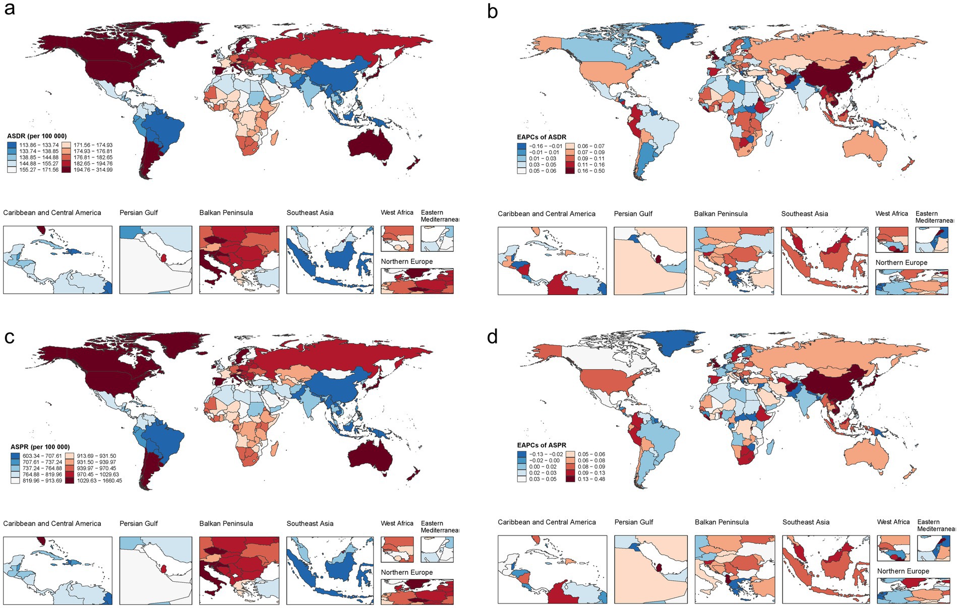 World maps depicting age-standardized DALY rates (ASDR) and age-standardized prevalence rates (ASPR) per 100,000, with color-coded ranges. Insets show enlarged regions: Caribbean, Persian Gulf, Balkan Peninsula, Southeast Asia, West Africa, Eastern Mediterranean, and Northern Europe. Each map illustrates different data distribution and trends across regions, indicating variations in DALY burden and prevalence rates.