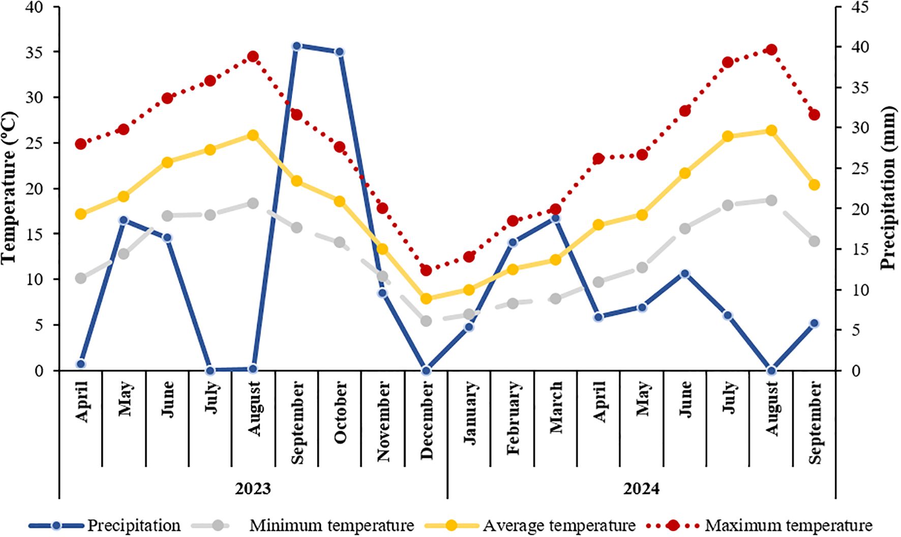 Line graph displaying temperature and precipitation data from April 2023 to September 2024. Four lines represent minimum temperature (grey), average temperature (yellow), maximum temperature (red), and precipitation (blue). Maximum temperature is highest in summer months, while precipitation peaks in July 2023 and July 2024.