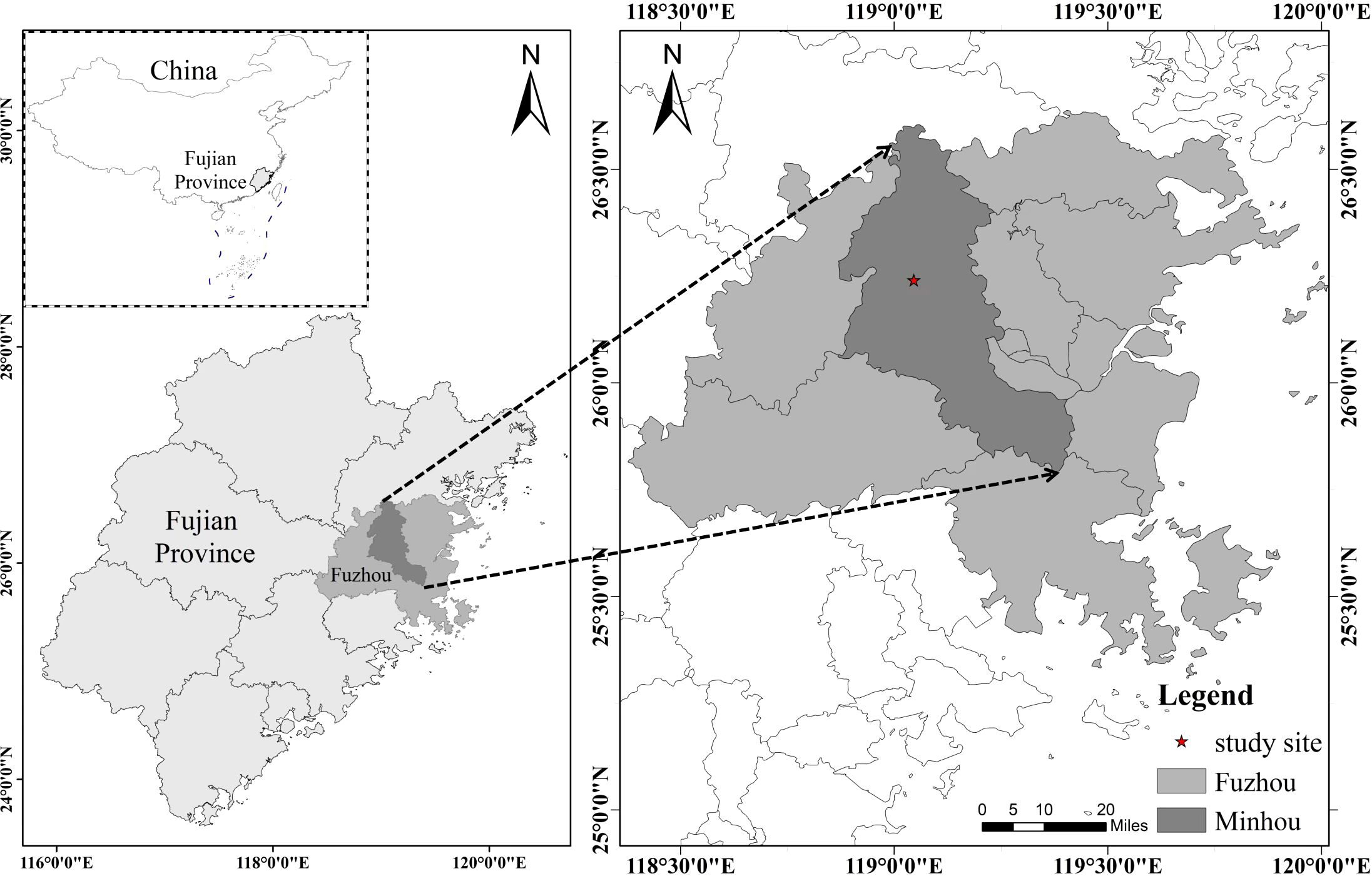 Map showing Fujian Province in China, highlighting Fuzhou and Minhou. The study site is marked with a red star. Inset map of China indicates Fujian's location. North is indicated with arrows.