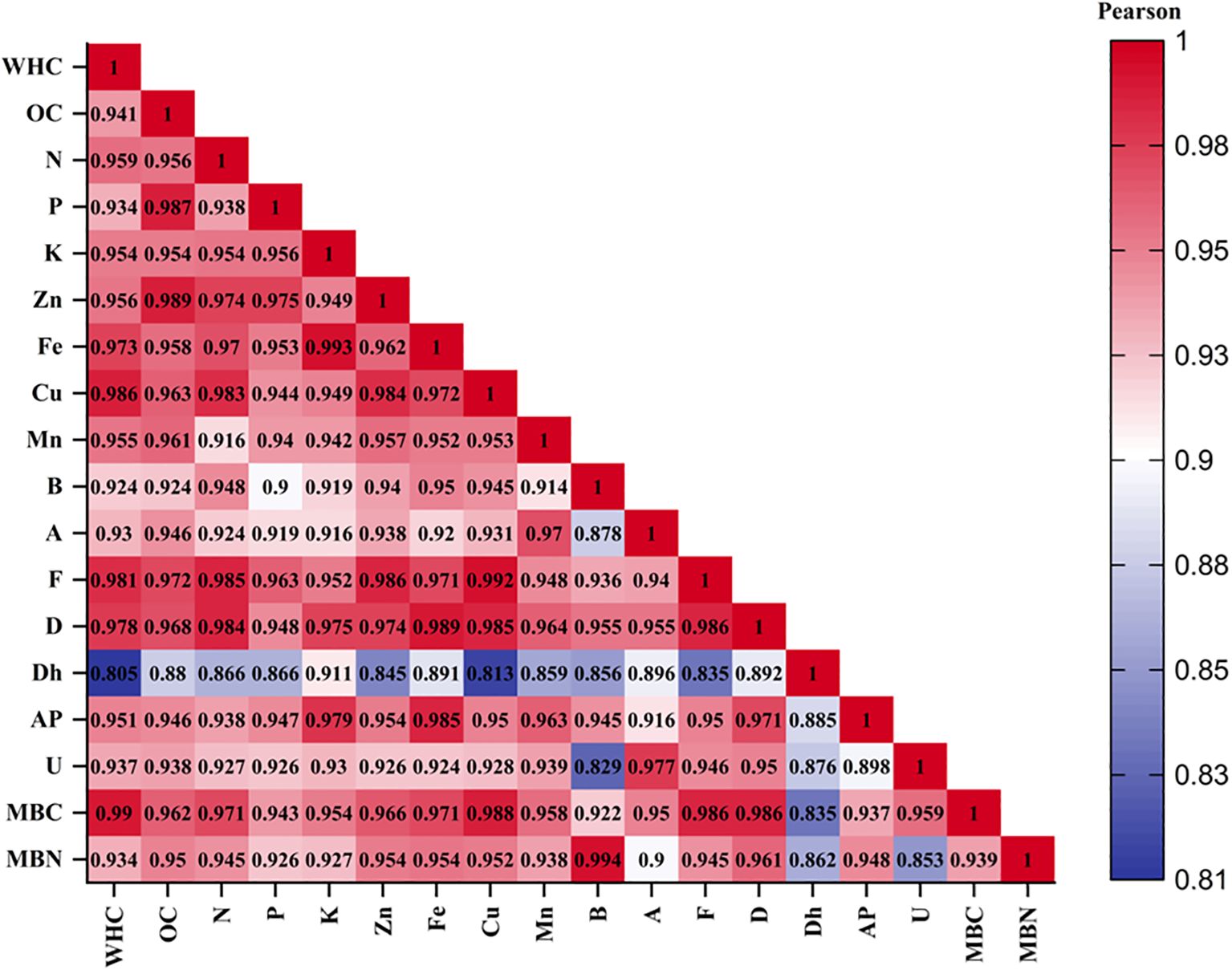 Correlation matrix depicting Pearson correlation coefficients among various soil properties, including water holding capacity (WHC), nutrient levels (OC, N, P, K), and micronutrients (Zn, Fe, Cu, Mn). Color intensity corresponds to correlation strength, with a scale ranging from 0.81 to 1.