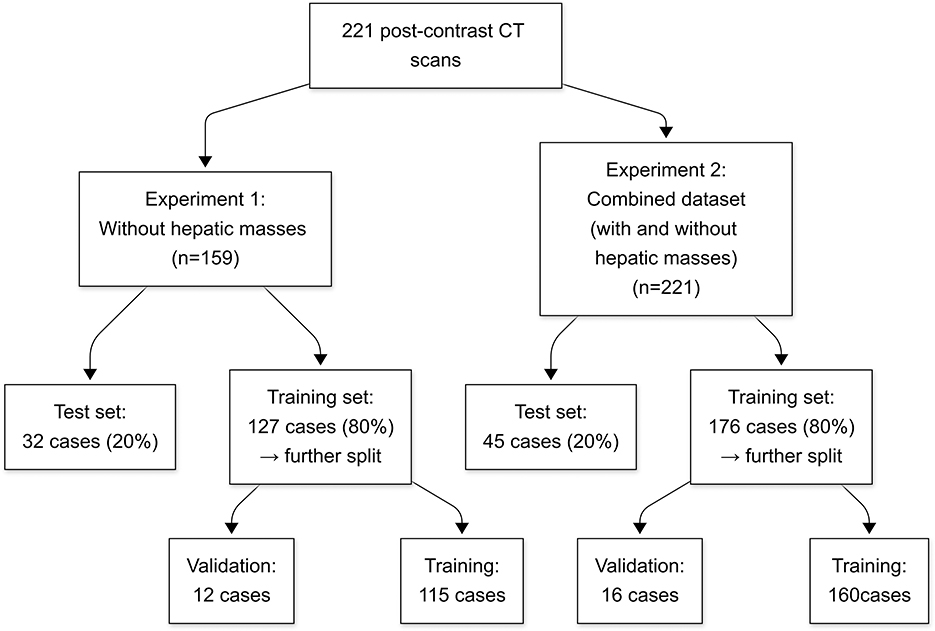 Flowchart depicting the division of 221 post-contrast CT scans into two experiments. Experiment 1, without hepatic masses (159 cases), splits into a test set of 32 cases and a training set of 127 cases, which is further divided into 12 validation cases and 115 training cases. Experiment 2 uses all scans in a combined dataset, with a test set of 45 cases and a training set of 176 cases, further split into 16 validation cases and 160 training cases.