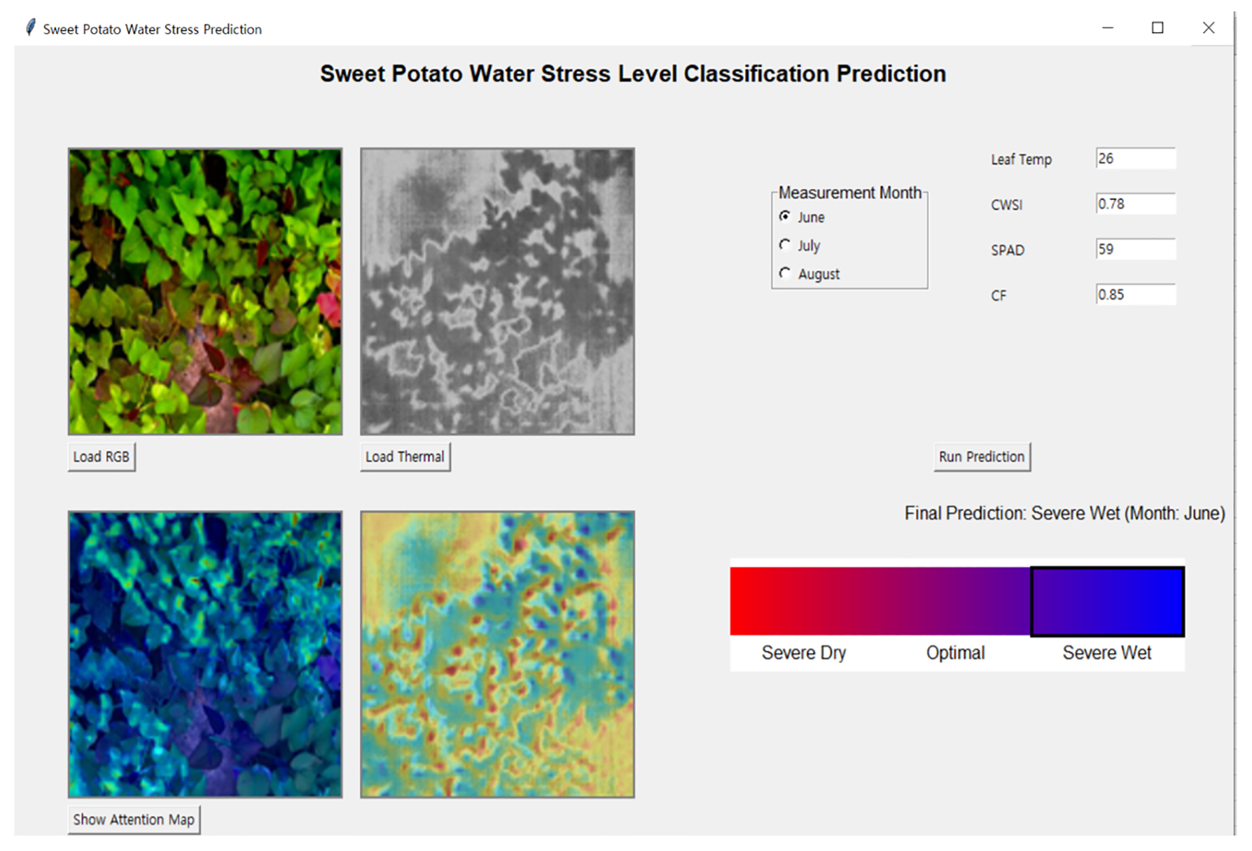 Sweet Potato Water Stress Level Classification Prediction interface displays four images: RGB view, thermal view, and two data-enhanced views. Controls for leaf temperature, CWSI, SPAD, CF, and measurement month are on the right. The final prediction is “Severe Wet” for June, with a color scale depicting stress levels from severe dry to severe wet.