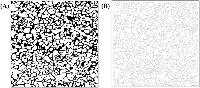 Two panels labeled A and B. Panel A displays a dense pattern of irregular black and white shapes with prominent black borders. Panel B shows a similar pattern in a lighter shade with less contrast, emphasizing the outlines of the shapes.