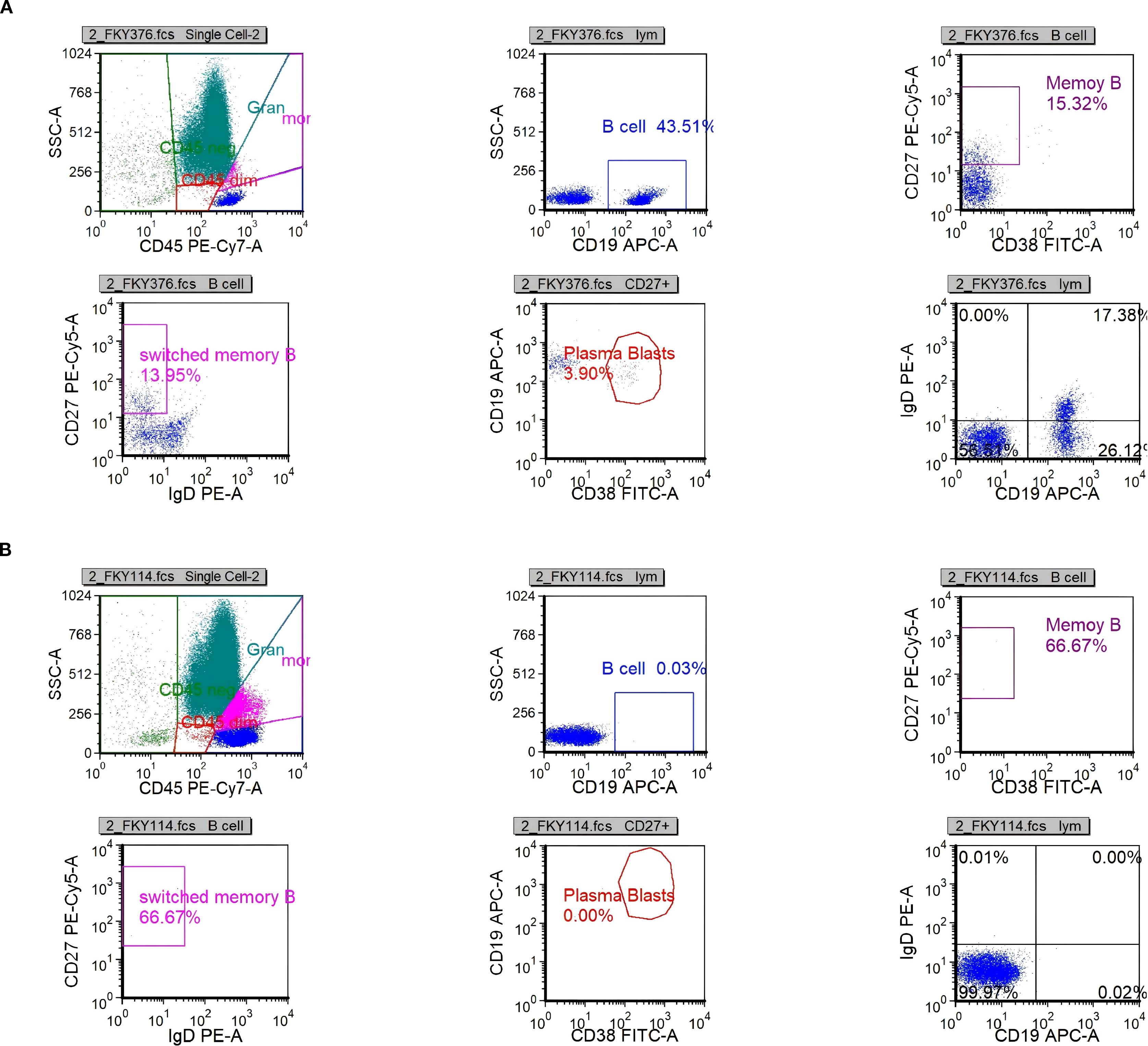 Flow cytometry plots showing immune cell populations. Panel (a) depicts various cell types: granulocytes, monocytes, and lymphocytes, with percentages of B cells, memory B cells, plasma blasts, and switched memory B cells indicated. Panel (b) presents similar analyses with different percentages. Each graph reflects cell distributions based on fluorescence markers and cellular characteristics.