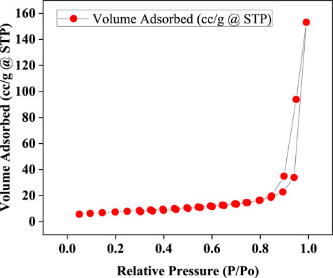 Scatter plot showing the relationship between relative pressure (P/Po) and volume adsorbed (cc/g at STP). The data points, marked by red circles, initially show little change until increasing sharply near a relative pressure of 1.0. A legend indicates that the red circles represent the volume adsorbed.