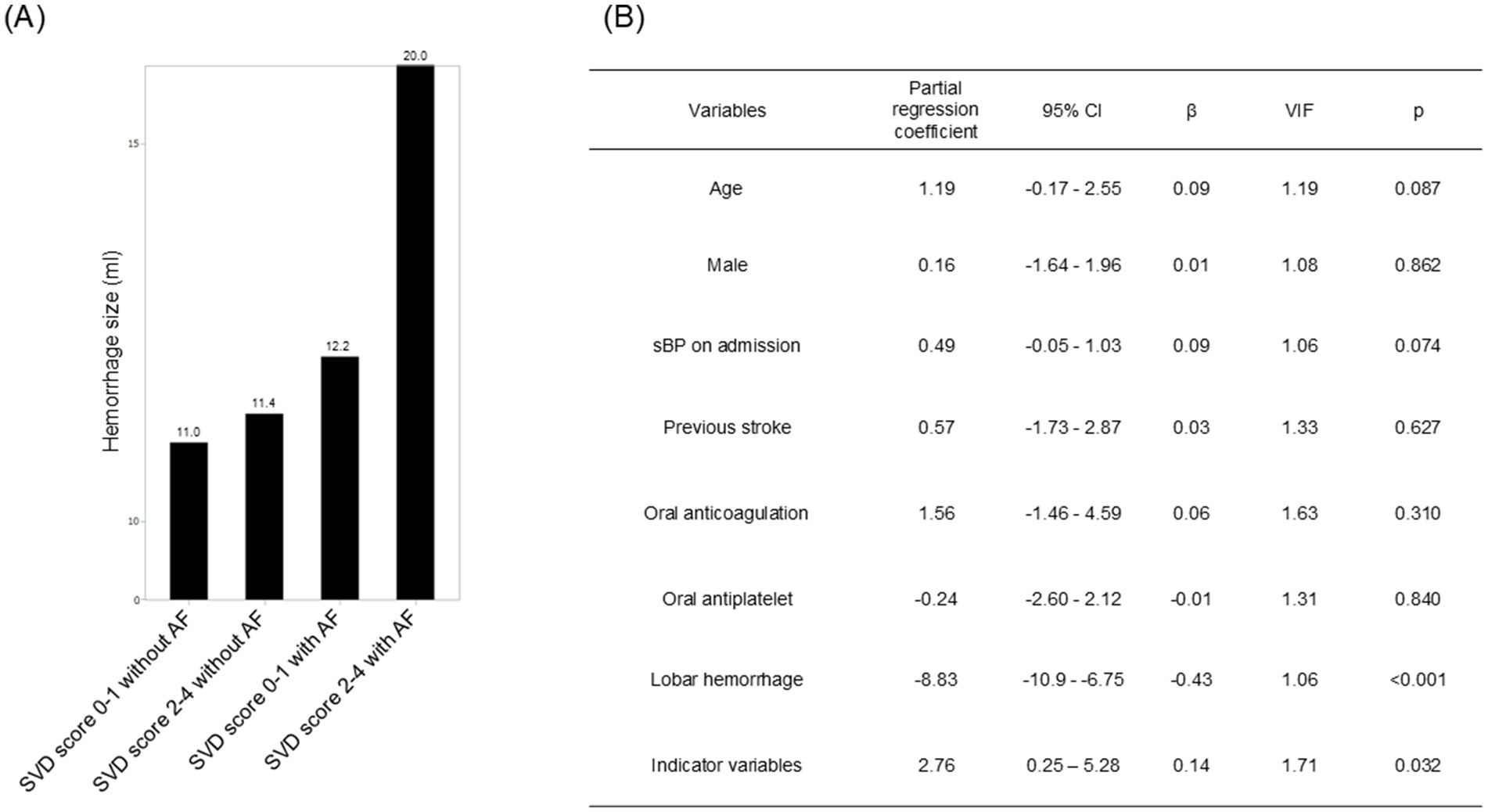 Chart (A) shows hemorrhage sizes with SVD scores: 11.0 ml for 0-1 without AF, 11.4 ml for 2-4 without AF, 12.2 ml for 0-1 with AF, and 20.0 ml for 2-4 with AF. Table (B) lists regression coefficients and statistics for various variables like age, gender, and medical history factors, showing their impact on a regression model.