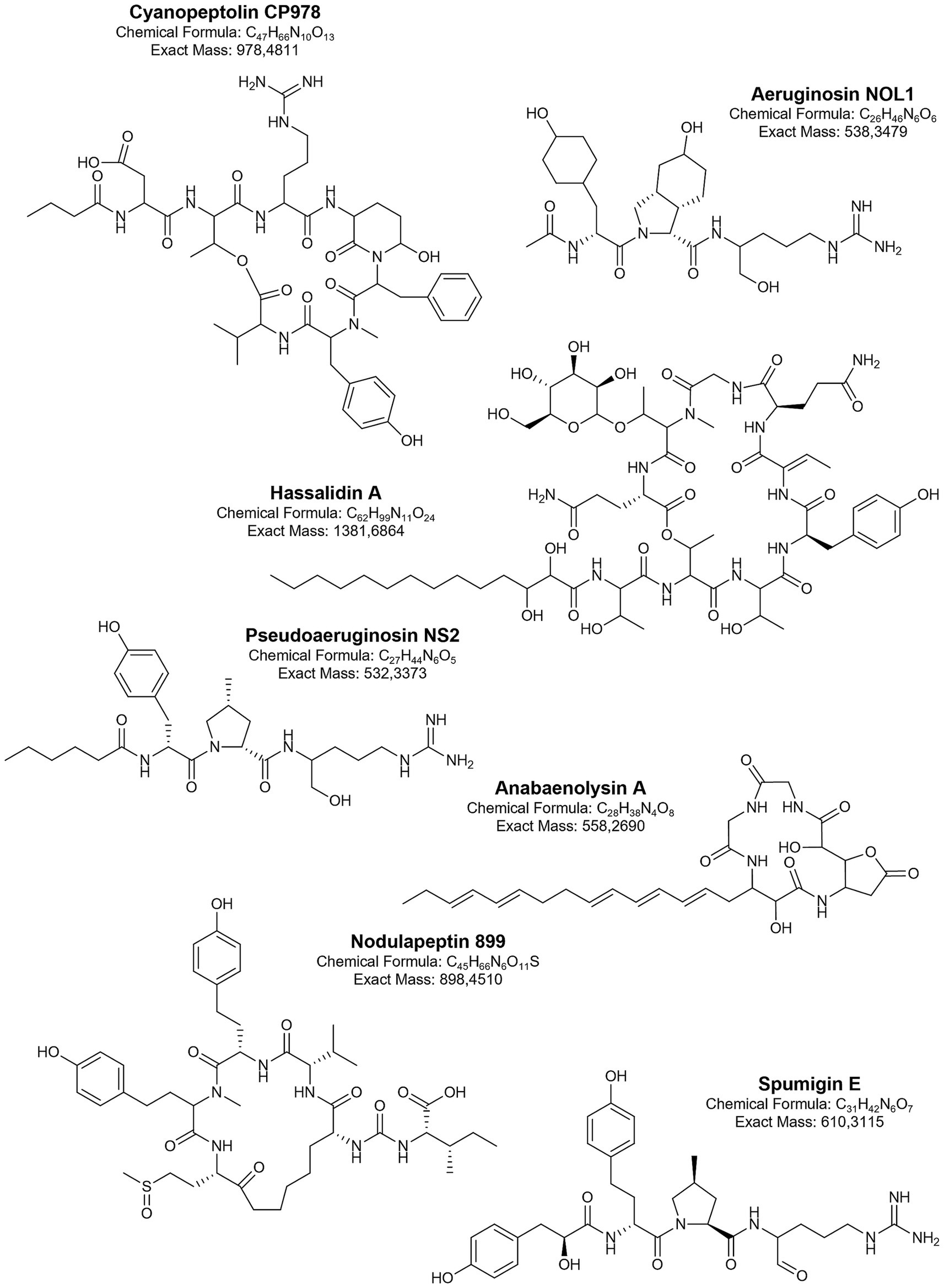 Chemical structures of seven compounds, each labeled with a name, chemical formula, and exact mass. Compounds include Cyanopeptolin CP978, Aeruginosin NOL1, Hassalidin A, Pseudoaeruginosin NS2, Anabaenolysin A, Nodulapeptin 899, and Spumigin E.