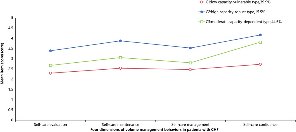 Line graph showing mean item scores for three self-care types: C1 (low capacity-vulnerable type, red, 39.9%), C2 (high capacity-robust type, blue, 15.5%), C3 (moderate capacity-dependent type, green, 44.6%). Categories assessed include self-care evaluation, maintenance, management, and confidence. C2 scores highest, particularly in self-care management.