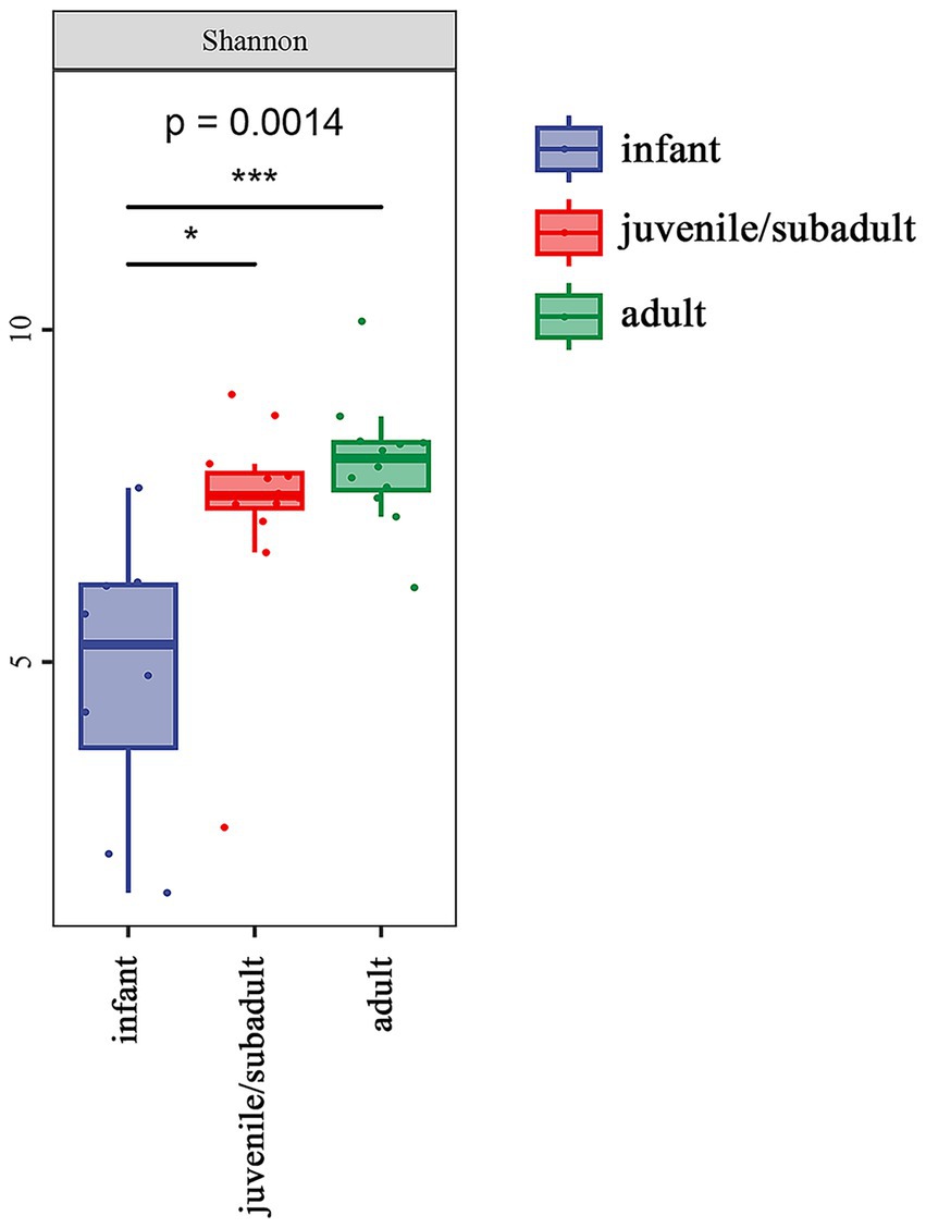 Box plot comparing Shannon diversity indices among infants, juveniles/subadults, and adults. The infant group has the lowest median value, juveniles/subadults are higher, and adults are the highest. Statistical significance between groups is indicated with p equals 0.0014, with asterisks showing levels of significance.