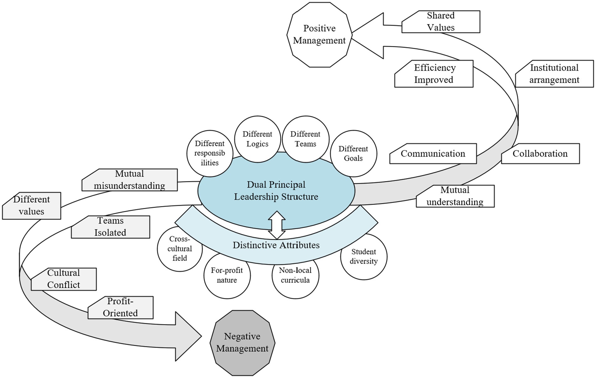 Flowchart illustrating the dual principal leadership structure. Central elements are