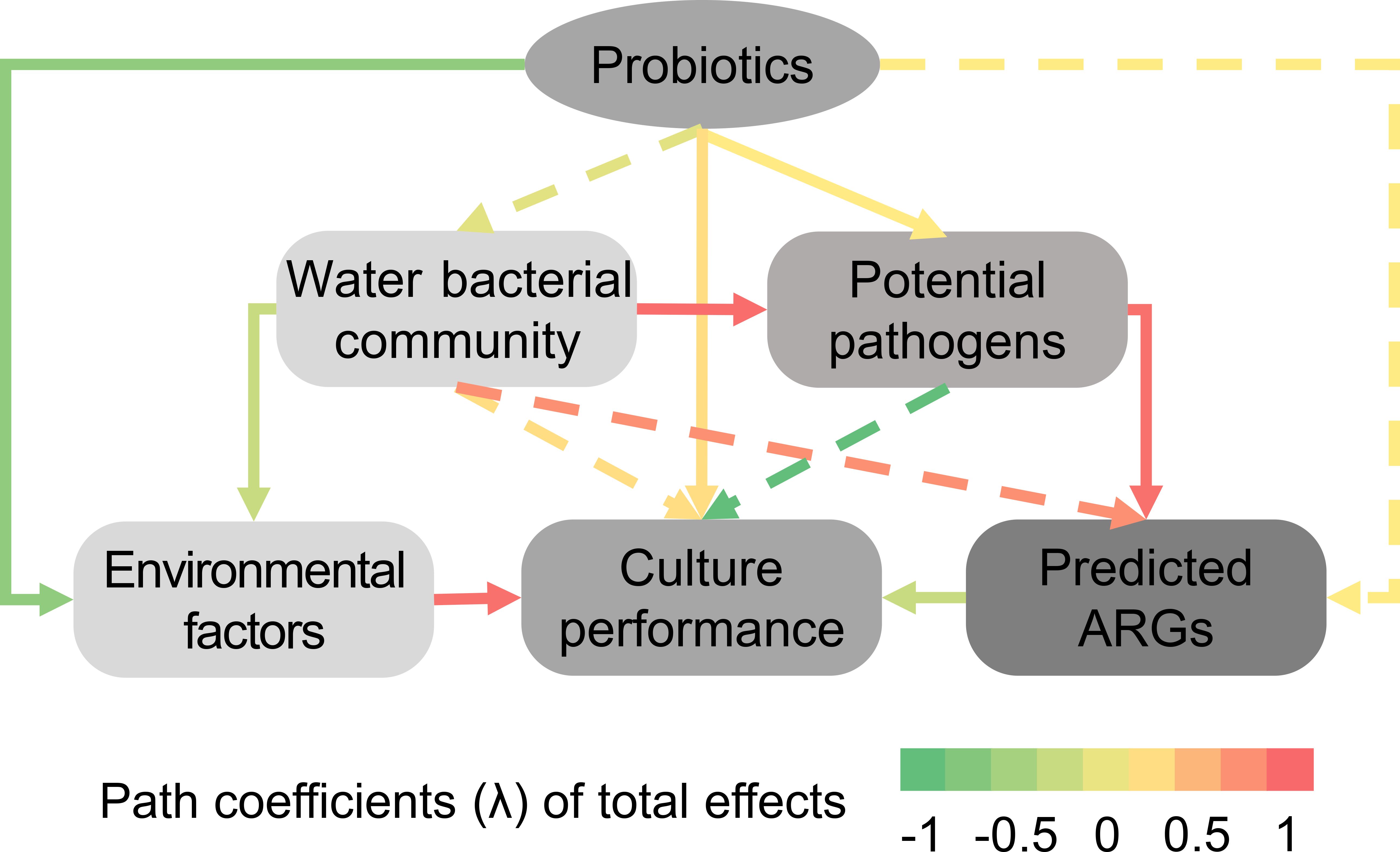 Flowchart showing relationships between probiotics, environmental factors, water bacterial community, potential pathogens, culture performance, and predicted ARGs. Arrows indicate influence and path coefficients, colored by effect strength from negative (green) to positive (red). Probiotics influence all elements.