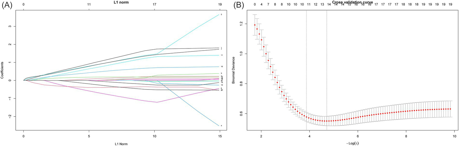 Image showing two graphs related to statistical analysis using the Lasso regression technique. Panel A depicts a plot of coefficients versus L1 norm, showing multiple lines for different variables, with values ranging from negative to positive. Panel B is a plot of binomial deviance versus negative log of lambda. Red dots indicate the deviance values, decreasing initially and stabilizing, surrounded by error bars. The curve illustrates the model's cross-validation results.