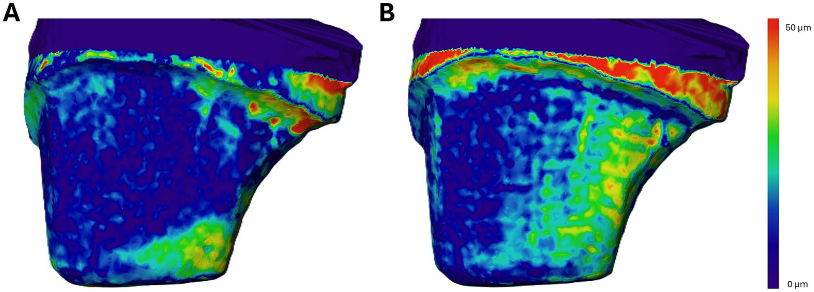 Two thermal images labeled A and B show similar structures with varying surface colors representing distances. A gradient scale on the right ranges from 0 (blue) to 50 (red) micrometers. Blue areas dominate the surface, transitioning through green and yellow to red in certain areas, indicating changes from low to high values.