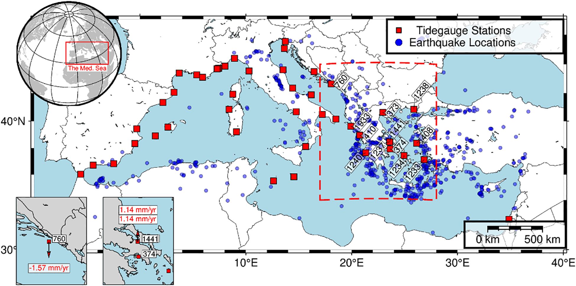 Map of the Mediterranean Sea showing tide gauge stations as red squares and earthquake locations as blue circles. A globe inset highlights the region. Two smaller insets provide specific areas with data on sea level change rates.
