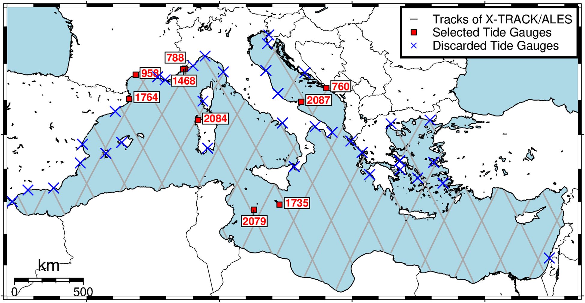 Map of the Mediterranean Sea showing tracks of X-TRACK/ALES as gray lines. Selected tide gauges are marked with red squares and labels, while discarded tide gauges are marked with blue Xs.