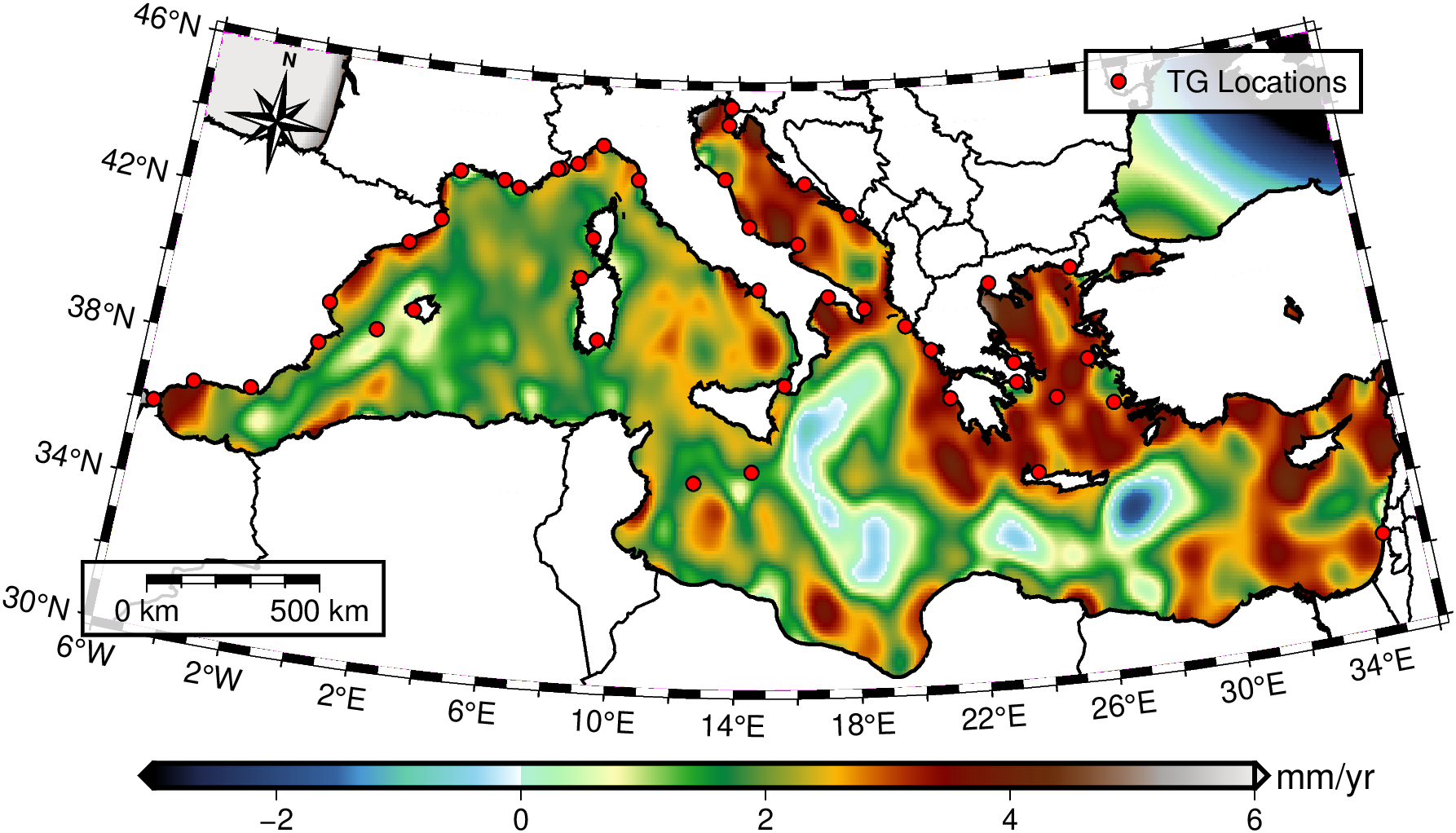 Map of the Mediterranean Sea showing sea level trends in millimeters per year using color gradients from blue to brown. Red dots highlight tide gauge locations. A scale bar and compass are included.