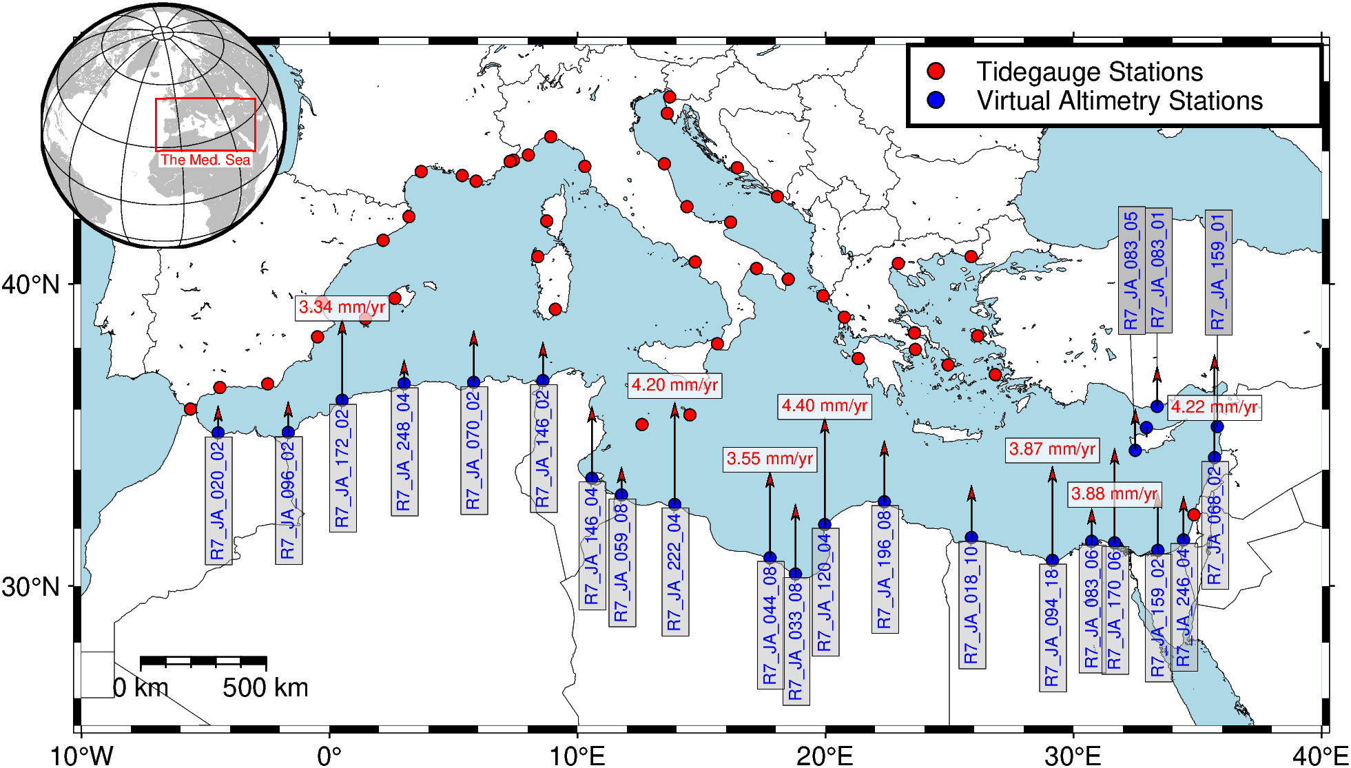 Map of the Mediterranean Sea showing tide gauge stations marked by red dots and virtual altimetry stations marked by blue dots. The map includes various measurement values in millimeters per year, indicating sea level rise rates at specific locations. An inset global map highlights the region with a red rectangle.