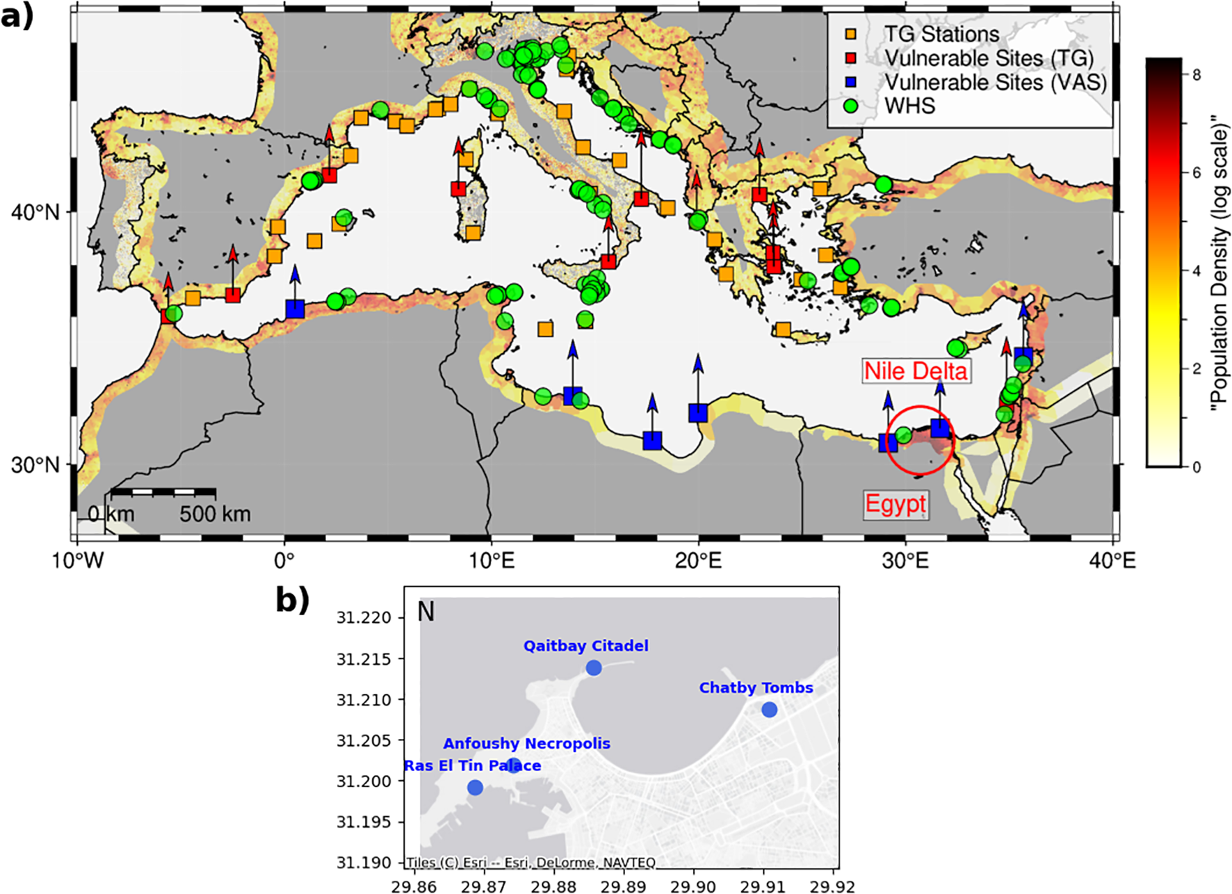 Map illustrating vulnerable sites around the Mediterranean. Key locations like the Nile Delta and Egypt are marked. Sites include TG Stations, VAS, and WHS, with population density on a log scale depicted in color. Inset shows a detailed map of Alexandria with landmarks such as Qaitbay Citadel and Chatby Tombs.