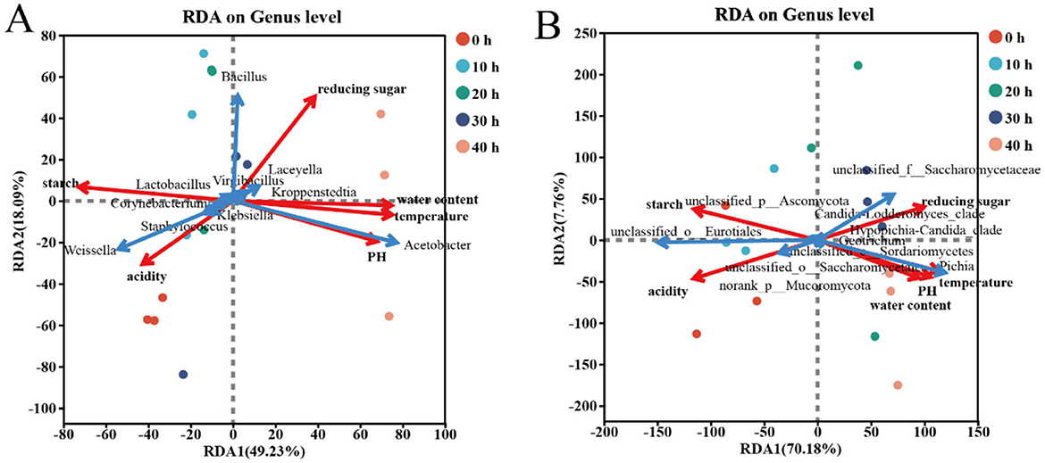 Two redundancy analysis (RDA) plots on genus level show microbial community shifts over time. Plot A highlights the influence of factors like reducing sugar and pH on various bacterial genera, with time points ranging from zero to forty hours. Plot B displays similar variables affecting fungal genera. Red arrows indicate variable directions. Points are color-coded for different time intervals.