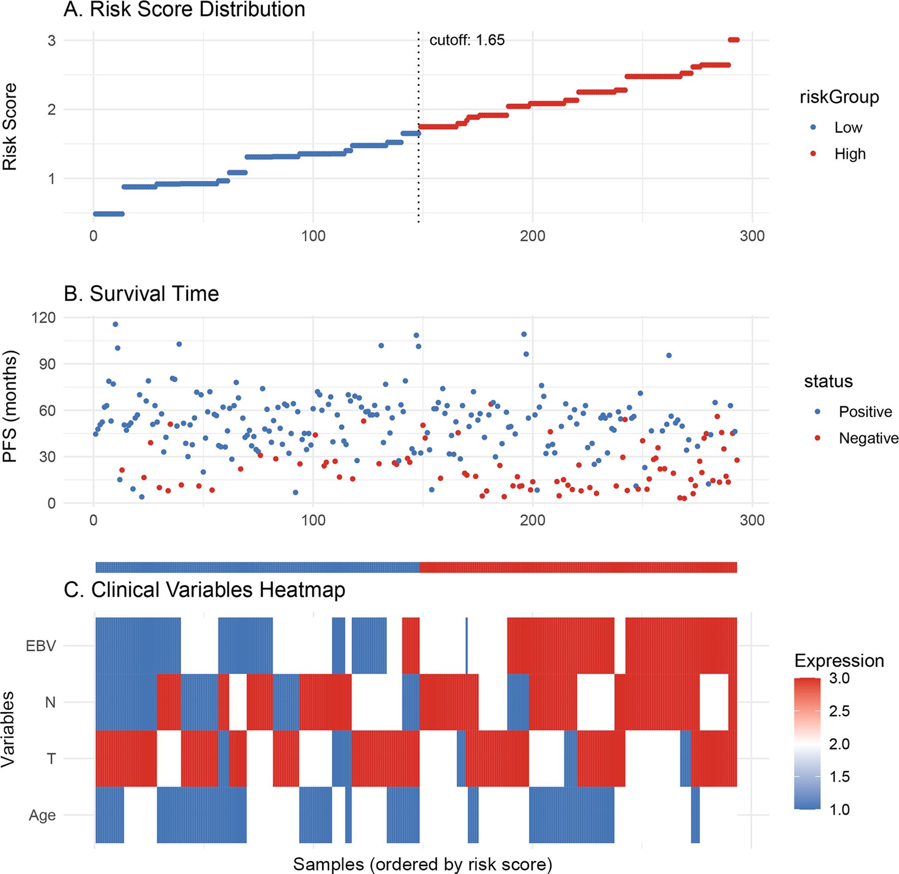Panel A shows a risk score distribution with a cutoff at 1.65, dividing low (blue) and high (red) risk groups. Panel B illustrates survival time in months for positive (blue) and negative (red) statuses. Panel C is a heatmap of clinical variables (EBV, N, T, Age) with expression levels ranging from 1.0 (blue) to 3.0 (red).