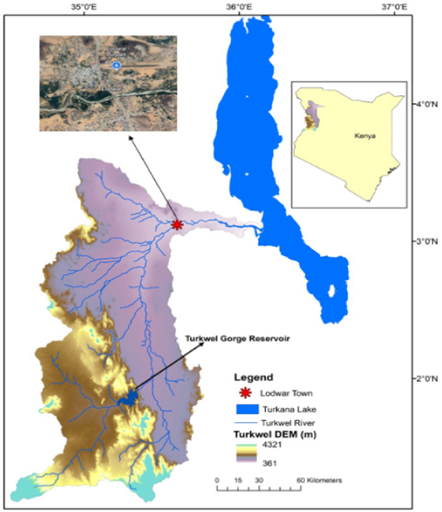 Map of the Turkwel River basin in Kenya. Features include elevation color coding, Turkwel Gorge Reservoir, and Lodwar Town marked with a star. Inset maps show regional context and an aerial view of Lodwar. Lake Turkana is highlighted in blue.