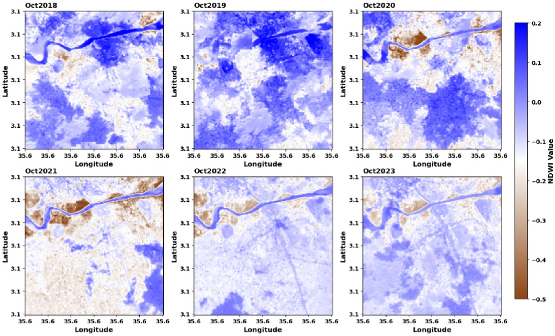 Six maps display October NDWI values from 2018 to 2023, highlighting water presence with blue and dry areas with brown. Each map shows changes in water distribution near specific latitude and longitude coordinates. A color bar on the right indicates NDWI values ranging from negative point five to positive point two.