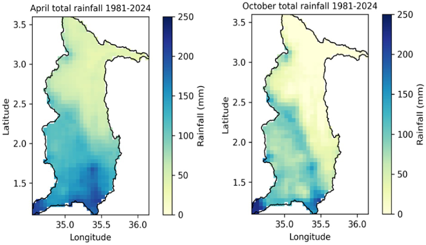 Two maps show total rainfall from 1981 to 2024, with April on the left and October on the right. Both use a color scale from light yellow (low rainfall) to dark blue (high rainfall), indicating varied precipitation levels across the region. Latitude and longitude are marked on the axes.