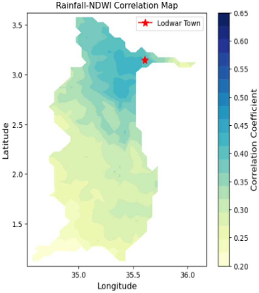 Rainfall-NDWI correlation map showing varying correlation coefficients across a geographic region, represented by color gradients from light yellow to dark blue. A red star marks the location of Lodwar Town. The map includes a legend indicating the correlation coefficient scale from 0.20 to 0.65. Latitude ranges from 1.5 to 3.5 and longitude from 35.0 to 36.0.
