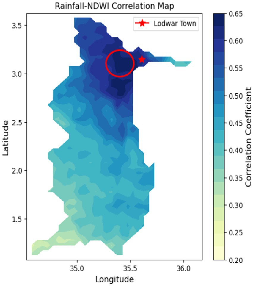 Rainfall-NDWI correlation map with gradients from dark blue to light yellow indicating correlation coefficients from 0.20 to 0.65. A red star marks Lodwar Town at approximately latitude 3.0 and longitude 36.0.