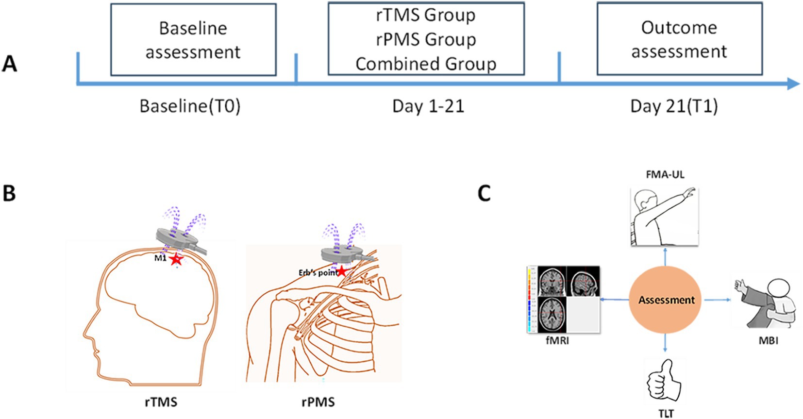 A flowchart depicts a study timeline and methods for assessments. Part A shows a baseline assessment at T0, followed by three treatment groups (rTMS, rPMS, Combined) over 21 days, concluding with an outcome assessment at T1. Part B illustrates rTMS targeting the motor cortex (M1) on the head and rPMS at Erb's point on the shoulder. Part C details assessments using FMA-UL, fMRI, MBI, and TLT, indicated by respective icons and a central