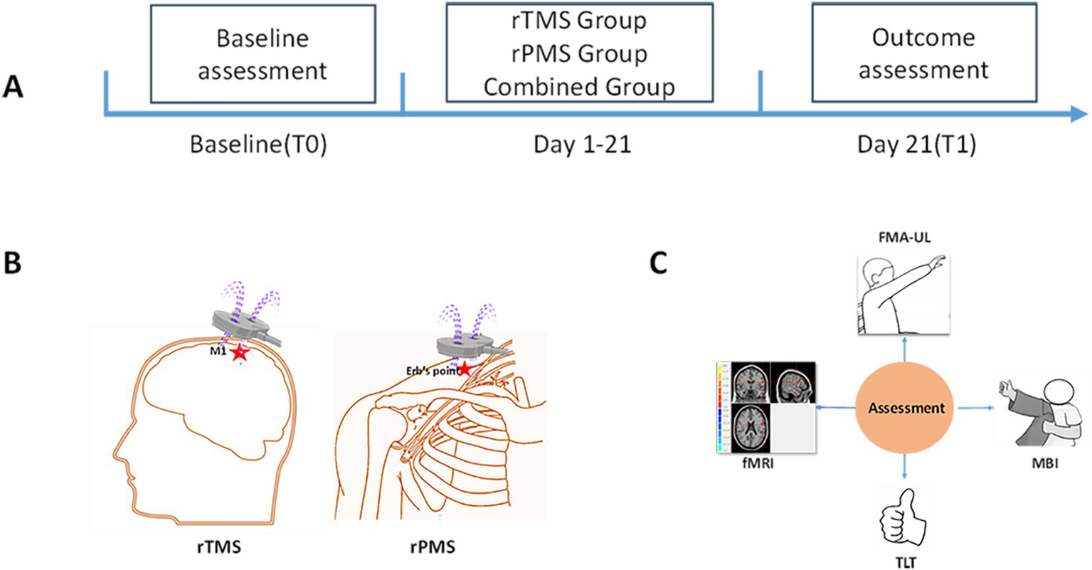A flowchart depicts a study timeline and methods for assessments. Part A shows a baseline assessment at T0, followed by three treatment groups (rTMS, rPMS, Combined) over 21 days, concluding with an outcome assessment at T1. Part B illustrates rTMS targeting the motor cortex (M1) on the head and rPMS at Erb's point on the shoulder. Part C details assessments using FMA-UL, fMRI, MBI, and TLT, indicated by respective icons and a central "Assessment" circle.