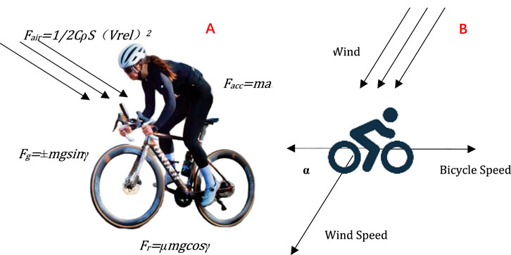 Cyclist on a bicycle experiencing forces. The diagram details forces like air resistance \( F_{\text{air}} = 1/2 \times C_p \times S \times (V_{\text{rel}})^2 \), gravity \( F_g = mg \sin \gamma \), friction \( F_r = \mu mg \cos \gamma \), and net force \( F_{nx} = ma \). Adjacent is an illustration showing wind direction and speed affecting bicycle speed at angle \(\alpha\).