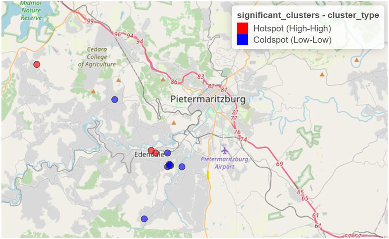 Map of Pietermaritzburg area showing significant clusters. Red dots indicate hotspots (high-high) and blue dots indicate coldspots (low-low). Key locations like Cedara College of Agriculture and Pietermaritzburg Airport are marked.
