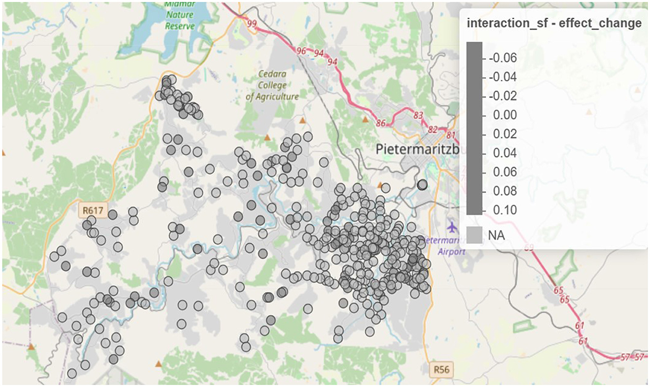 Map showing Pietermaritzburg with multiple circular markers indicating interaction effects. A color-coded legend on the right displays effect change values from negative to positive, with some areas marked as NA.