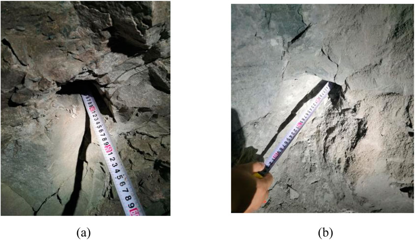 (a) Close-up of a rocky surface with a tape measure inserted into a horizontal crevice, displaying a measurement. (b) A person uses a tape measure to measure a vertical crack on a textured rock face.