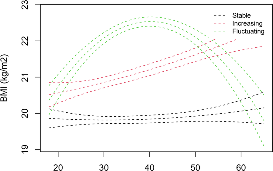 Line graph showing BMI trends over age. Three dashed lines represent different patterns: stable (black) around 20 BMI, increasing (red) slightly rising, and fluctuating (green) peaking at 22 BMI.